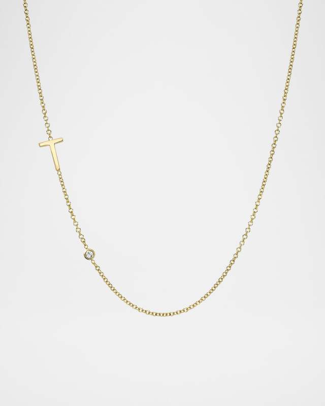 14k Gold Asymmetrical Initial and Bezel Diamond Necklace